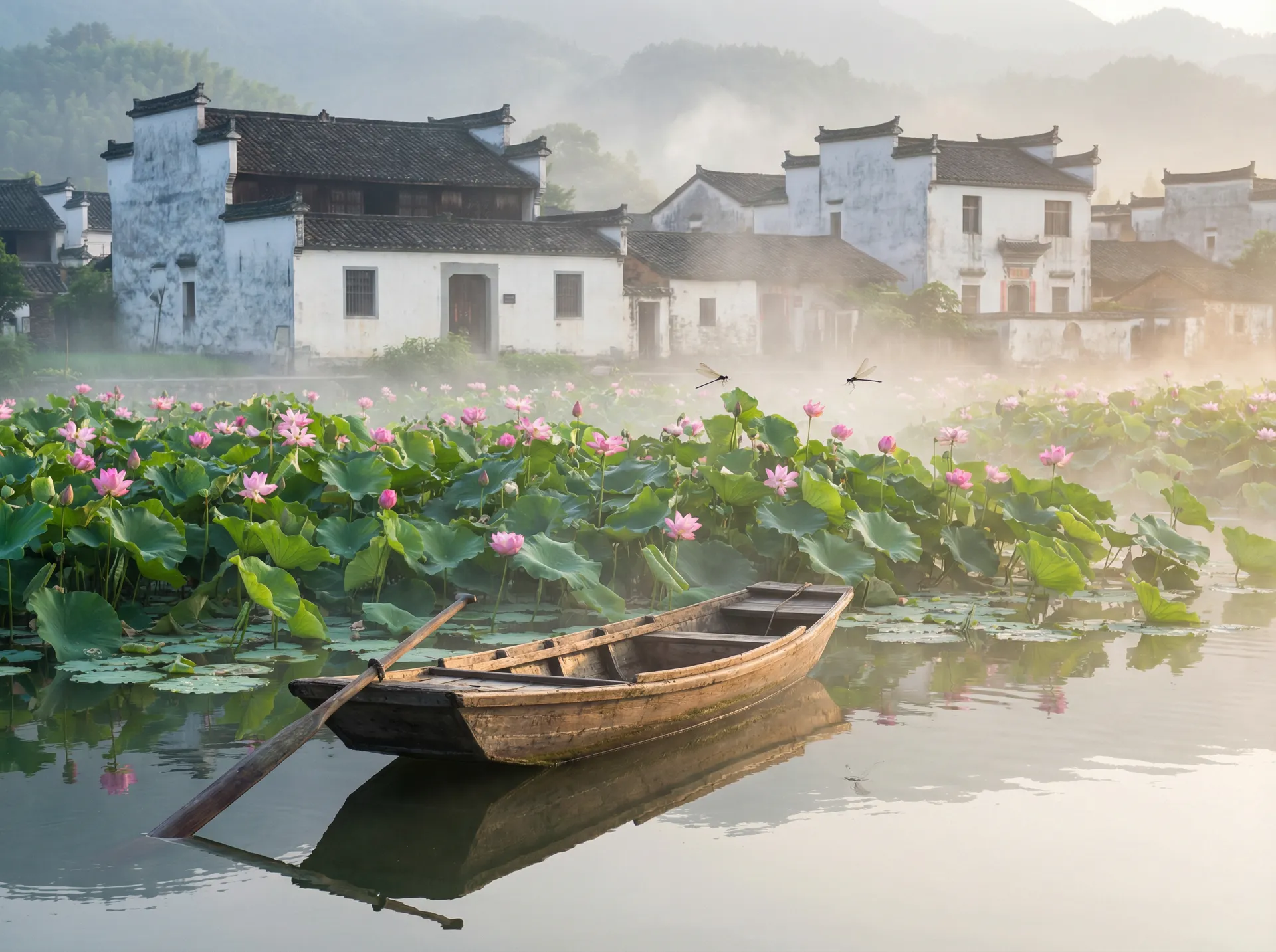 清晨荷塘小舟，粉色荷花盛开，白墙黑瓦的村庄 - chengrenseqingwang 水乡风情